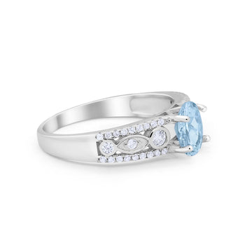 Art Deco Wedding Ring Oval Simulated Aquamarine CZ 925 Sterling Silver